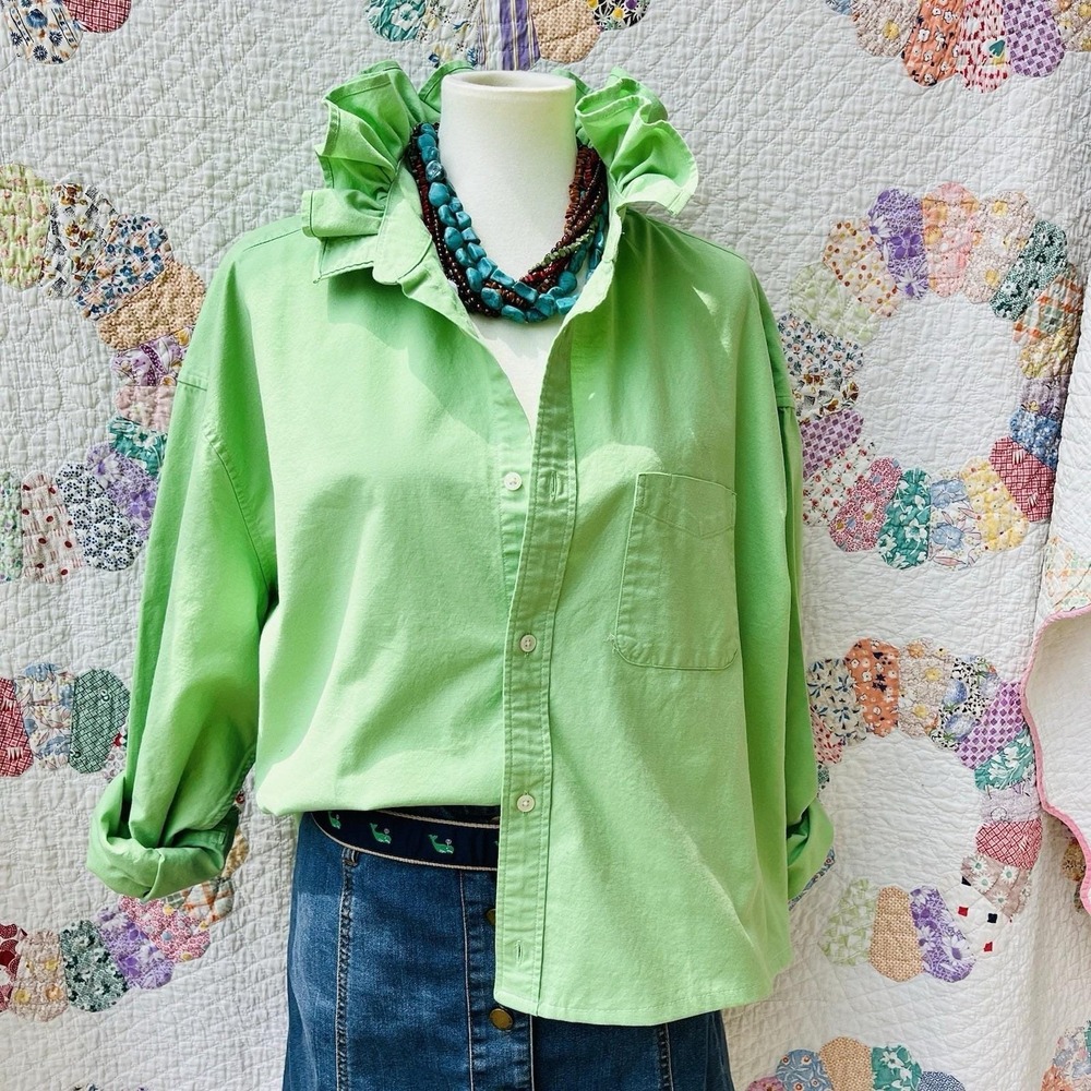 Upcycled Cape Cod GAP Lime Green Oxford Cloth Cropped Ruffle Collar Shirt‎ XXL - Picture 2 of 10